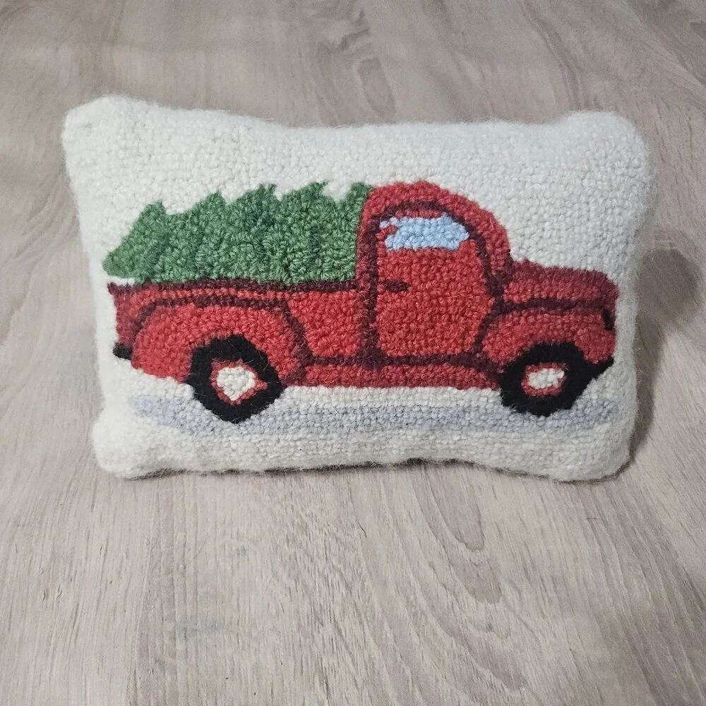 Little Red Truck Hooked Wool Throw Pillow Christmas Small Decorative 12x8in